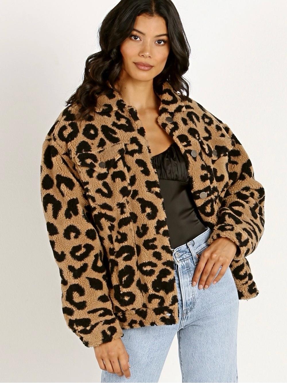Apparis Leopard Teddy Jacket in Tan and Black